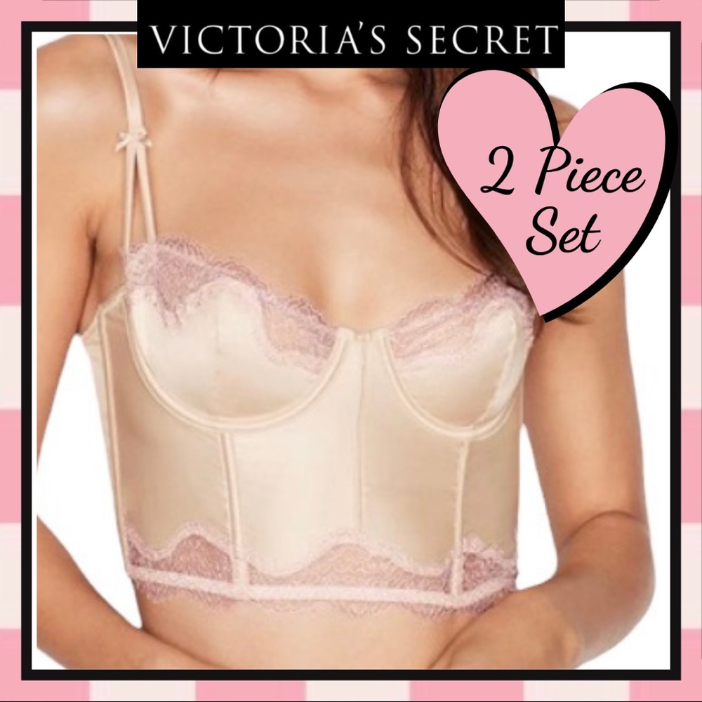 NWT VICTORIA’S SECRET 32D & XSMALL BRA & CHEEKINI DREAM ANGELS SATIN & LACE TRIM